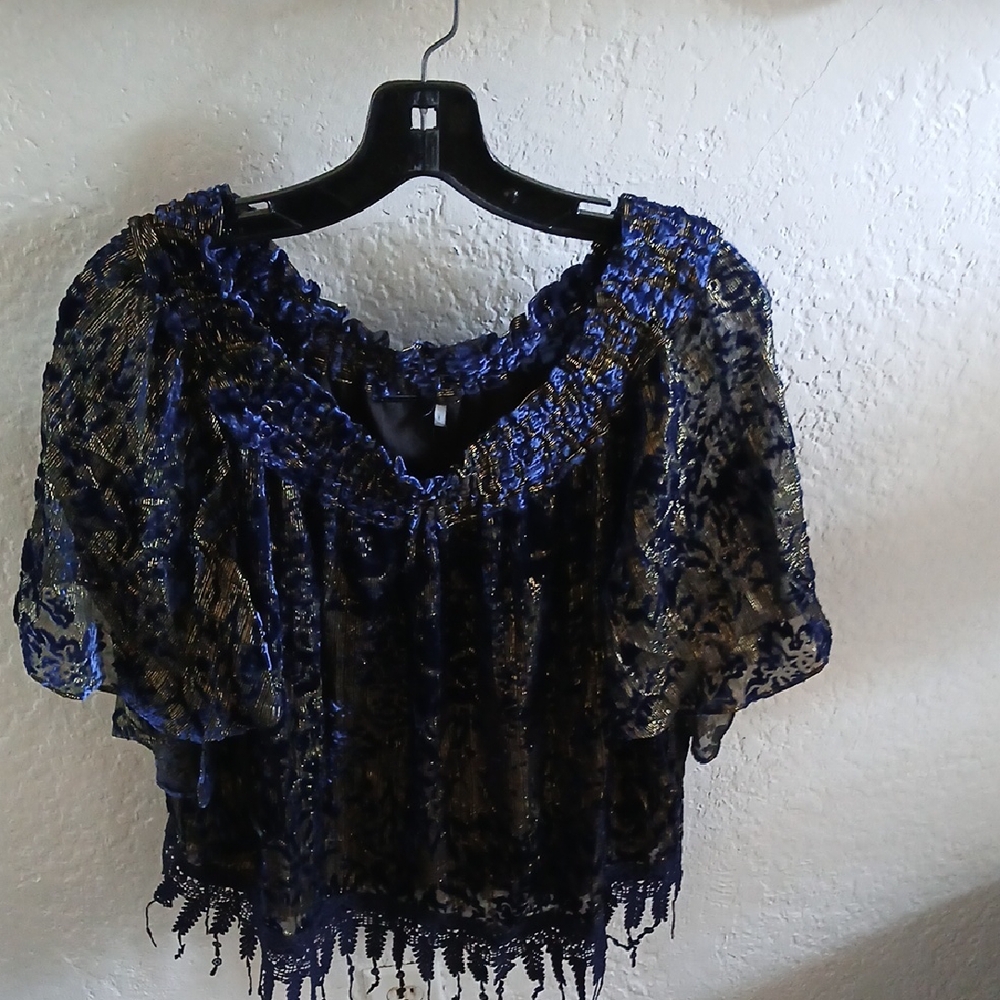 Tahari Black  And Blue And Gold Ruched Ruffled Velvet Short Sleeve Blouse